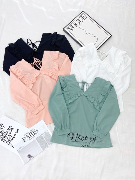  Áo nữ cổ V phối viền bèo dài tay - D2583 