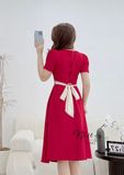  Đầm cổ vuông phối nút sau cách điệu dây nơ liền - D2584 