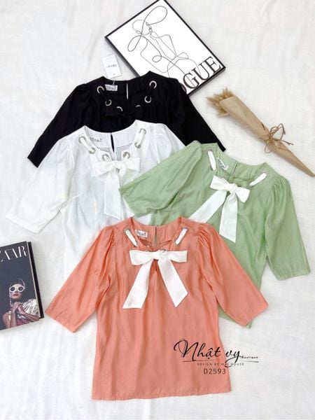  Áo nữ dáng suông tay lửng cổ phối nơ kiểu - D2593 