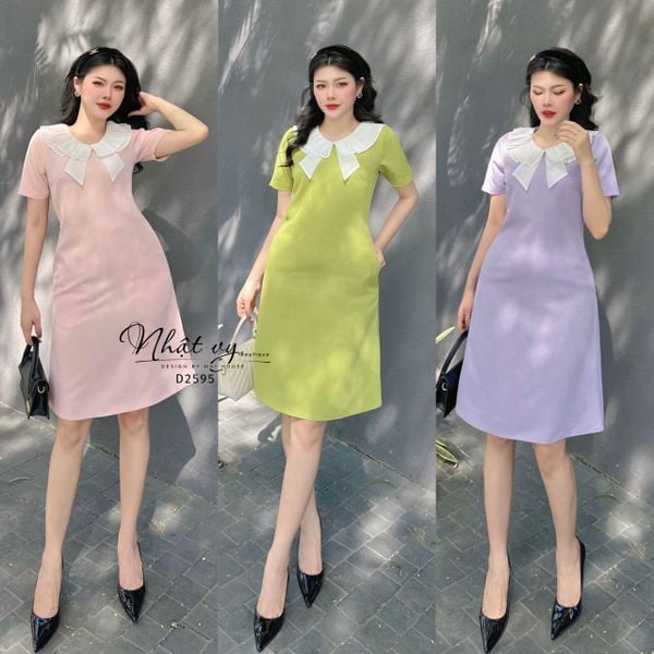  Đầm suông cổ tròn phối viền bèo dập ly - D2595 