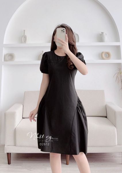 Đầm cổ tròn tay phồng dáng ôm nhún cách điệu - D2612 