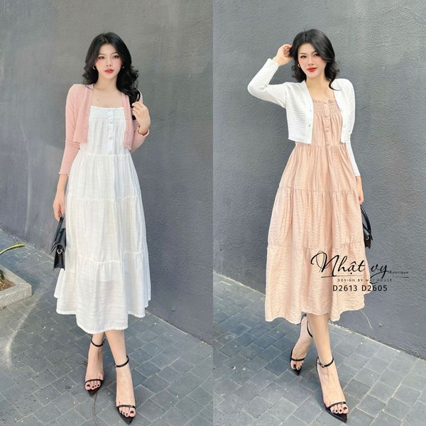  Đầm 2 dây nhún ngực đính cúc giả - D2605 