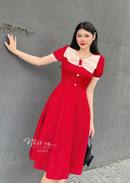  Đầm cổ tim form dáng xoè phối nơ cổ 2 tầng - D2643 