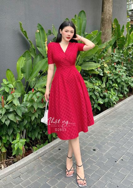  Đầm xốp đi tiệc cổ V form dáng xoè - D2653 