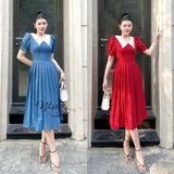  Đầm dập ly dáng dài cổ tim phối bèo trắng - D2658 