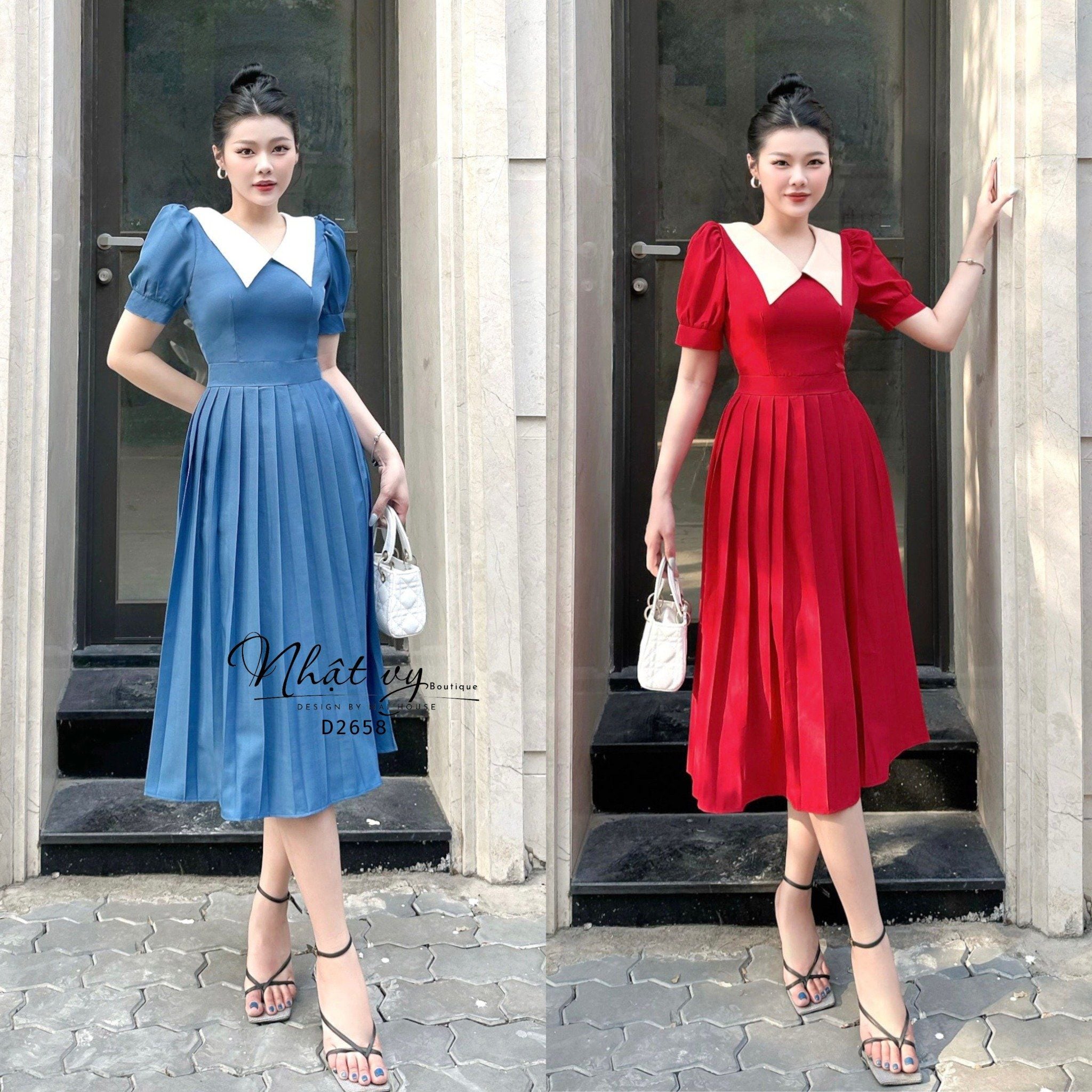  Đầm dập ly dáng dài cổ tim phối bèo trắng - D2658 