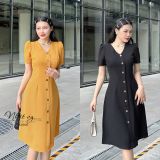  Đầm cổ V dáng xòe đính cúc giả - D2666 