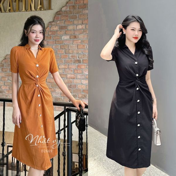  Đầm xoắn eo cổ sơ mi đính cúc giả - D2669 