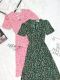  Đầm hoa cổ V đính cúc giả dáng xòe - D2673 