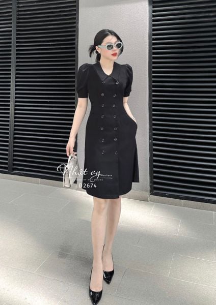  Đầm dáng ôm tay phồng phối cúc thật- D2674 