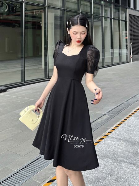  Đầm cổ vuông cách điệu dáng xòe phối tay voan - D2679 