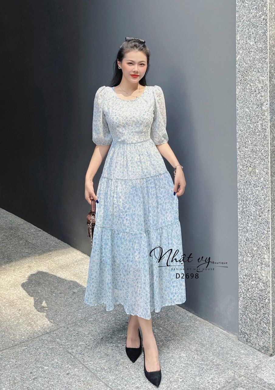 Đầm hoa dáng maxi cổ tròn tay lửng - D2698 – NHẬT VY BOUTIQUE