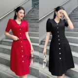  Đầm cổ tim cài cúc tay phồng - D2744 