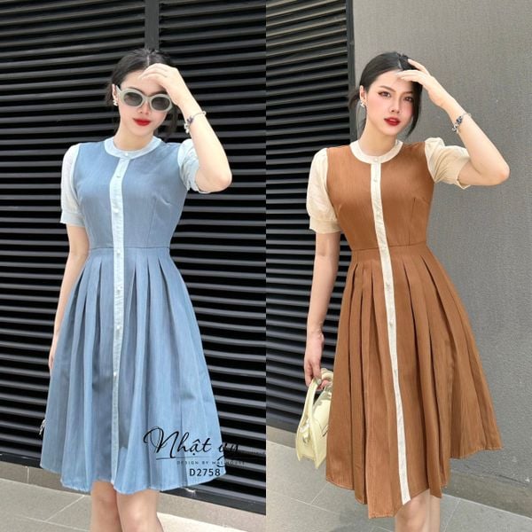  Đầm xốp cổ tròn đính cúc giả - D2758 