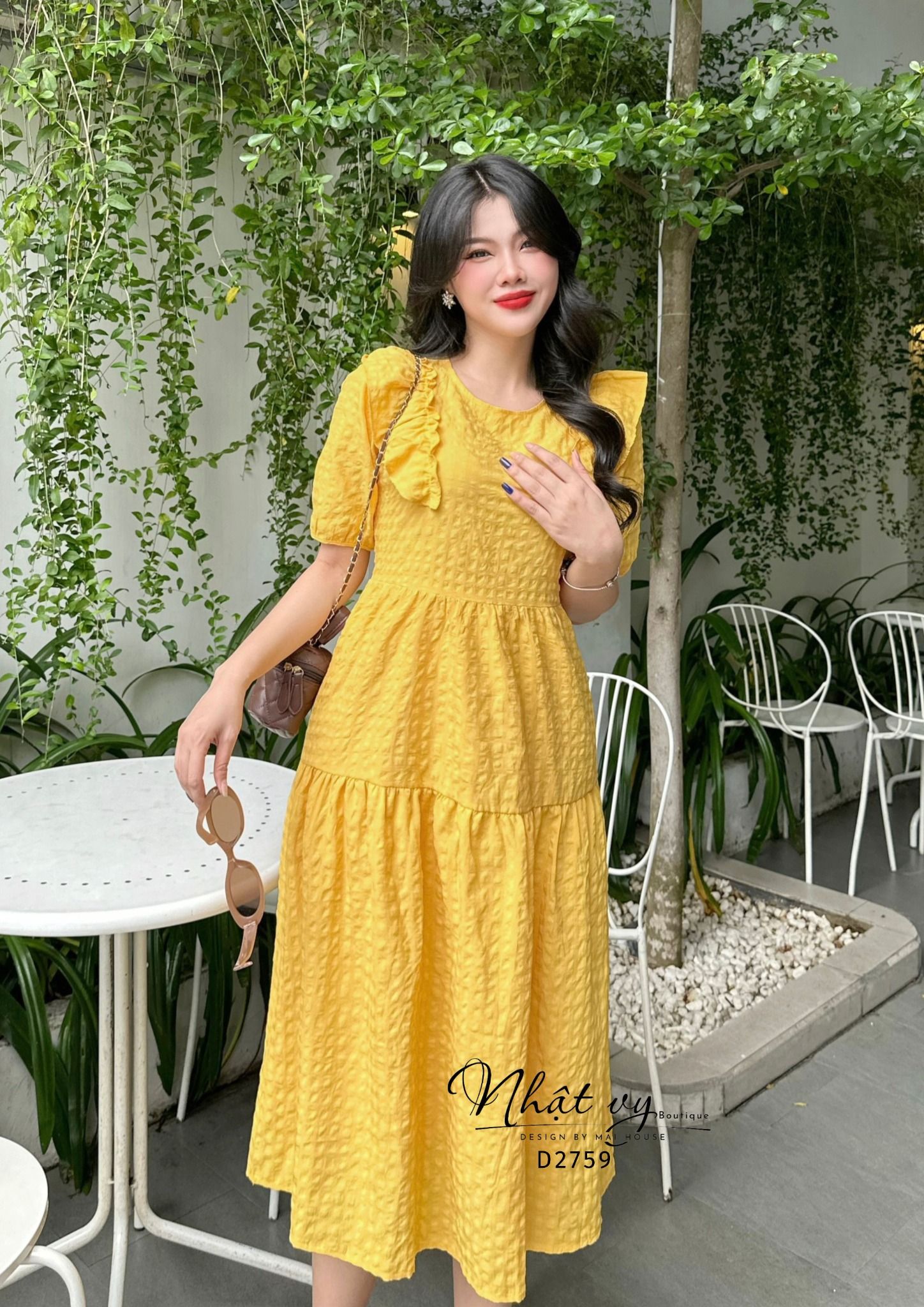  Đầm babydoll cổ tròn phối bèo tay lửng - D2759 