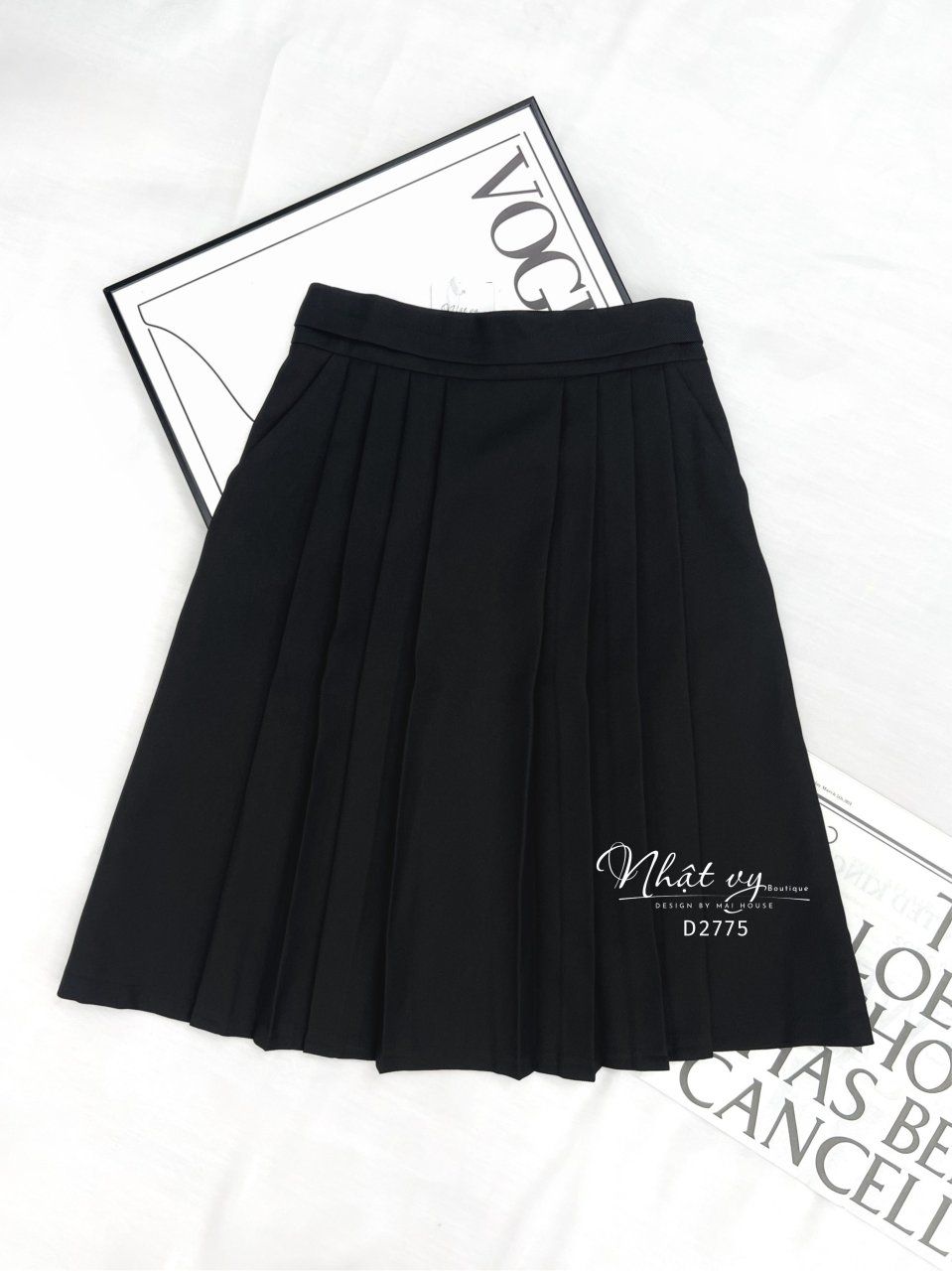 Chân váy xếp li cột nơ hồng One side pleated skirt with bow