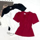  Áo peplum thắt nơ viền chỉ nổi - D2777 