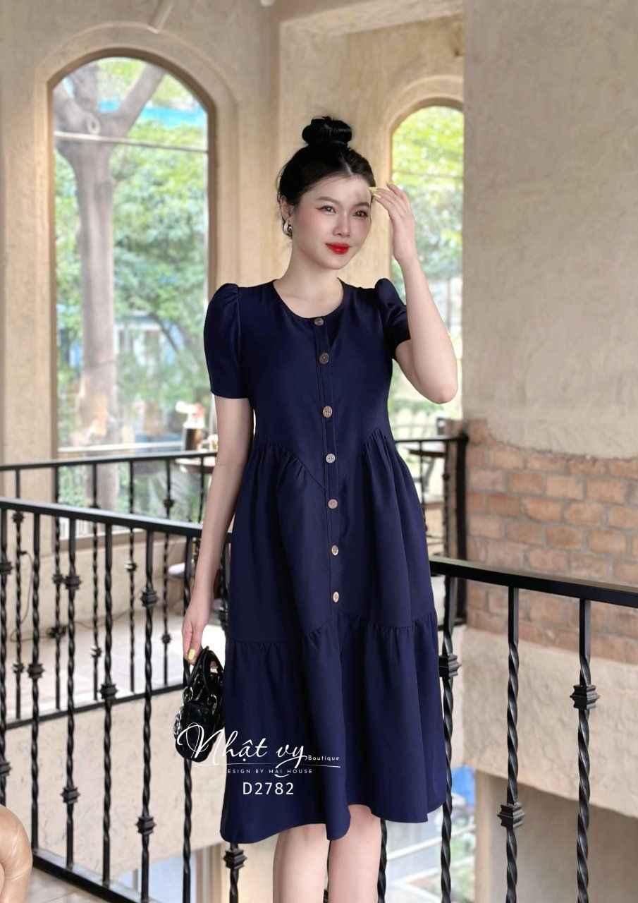  Đầm babydoll nhún cách điệu phối cúc giả - D2782 