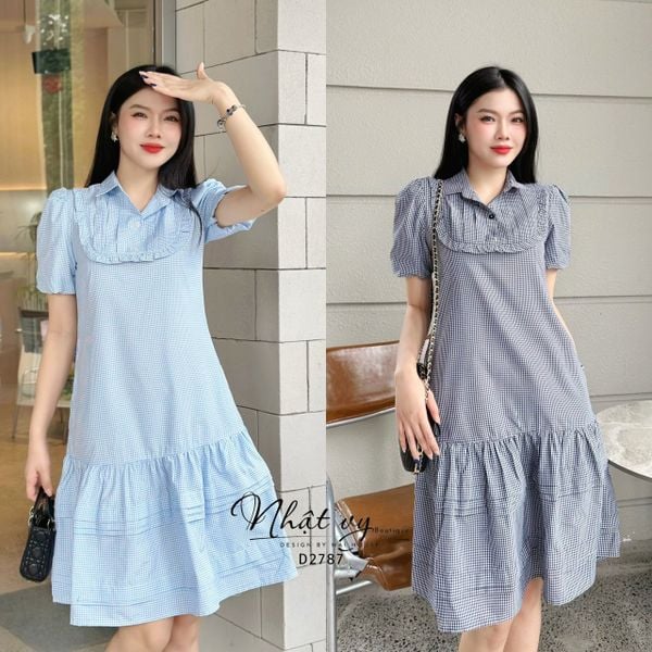  Đầm caro cổ sơ mi phối bèo cổ - D2787 