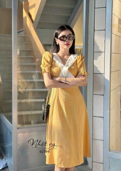  Đầm dáng xoè cổ phối chéo cách điệu tay nhún kiểu - D2799 