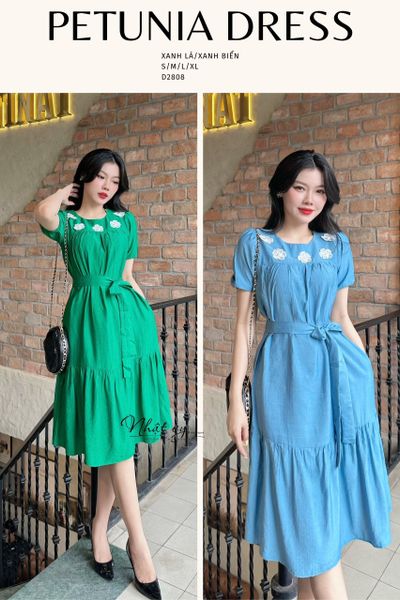  Đầm suông đính hoa ngực thắt dây eo - D2808 