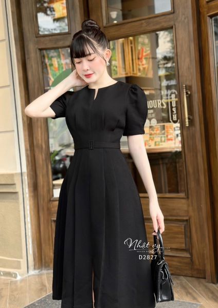  Đầm dáng ôm tay nhún cổ cách điệu kèm dây belt - D2827 