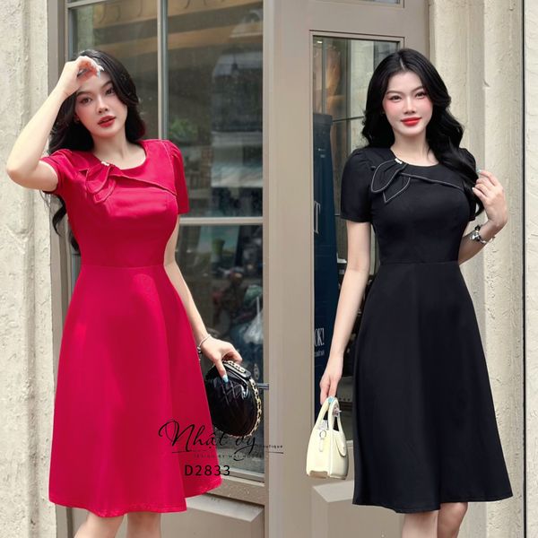  Đầm cổ tròn phối bèo lá cách điệu - D2833 