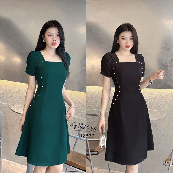  Đầm cổ vuông tay phồng dáng ôm đính viền ngọc - D2837 