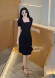  Đầm cổ vuông nhún bên cách điệu đính viền ngọc - D2838 