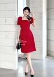  Đầm cổ vuông nhún bên cách điệu đính viền ngọc - D2838 