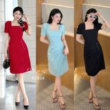  Đầm cổ vuông nhún bên cách điệu đính viền ngọc - D2838 