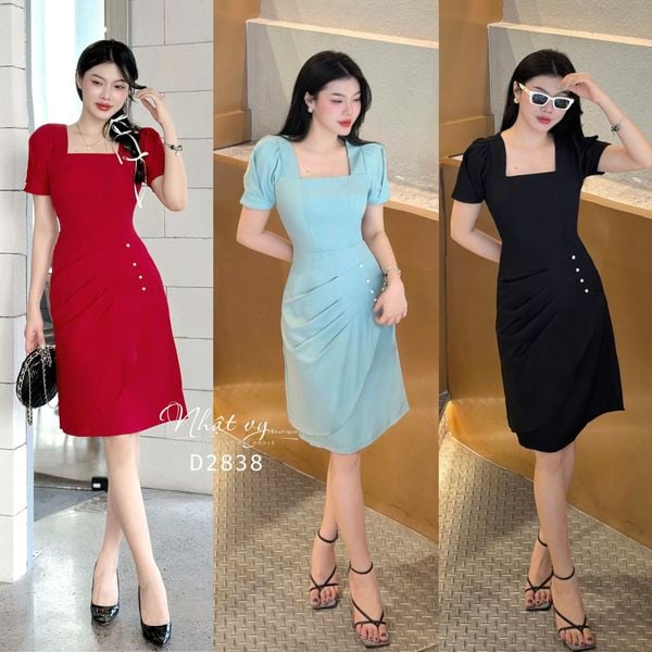  Đầm cổ vuông nhún bên cách điệu đính viền ngọc - D2838 