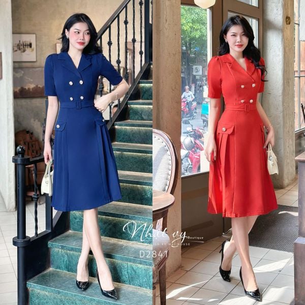  Đầm cổ vest thắt dây belt đính cúc giả - D2841 