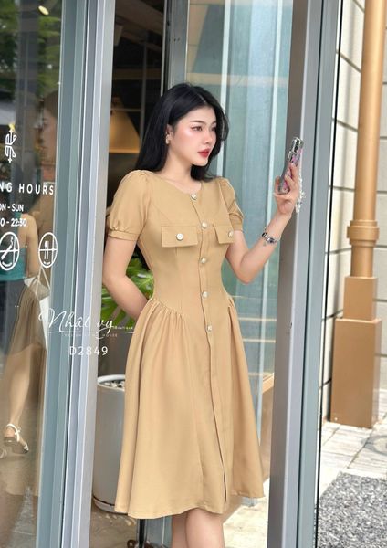  Đầm cổ tròn dáng xoè nhún eo cách điệu - D2849 