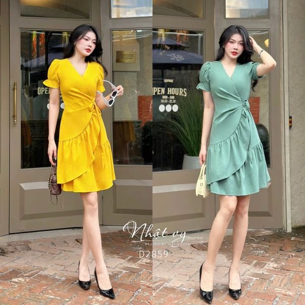  Đầm cổ V đắp chéo nhún bèo cách điệu - D2859 