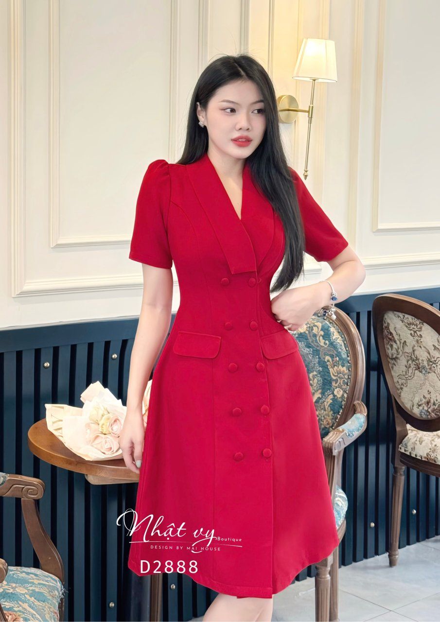  Đầm cổ vest dáng xoè đính nút bọc - D2888 