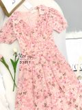  Đầm hoa cổ V xếp ly ngực đính hạt ngọc - D3051 