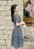  Đầm voan hoa tầng nhún ngực đính nút bọc - D3079 