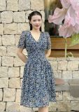 Đầm voan hoa tầng nhún ngực đính nút bọc - D3079 