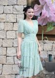  Đầm voan hoa tầng nhún ngực đính nút bọc - D3079 