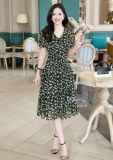 Đầm voan hoa tầng nhún ngực đính nút bọc - D3079 