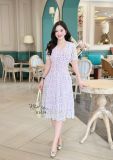  Đầm voan hoa tầng nhún ngực đính nút bọc - D3079 