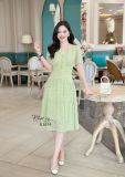  Đầm voan hoa tầng nhún ngực đính nút bọc - D3079 