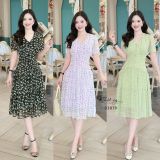  Đầm voan hoa tầng nhún ngực đính nút bọc - D3079 