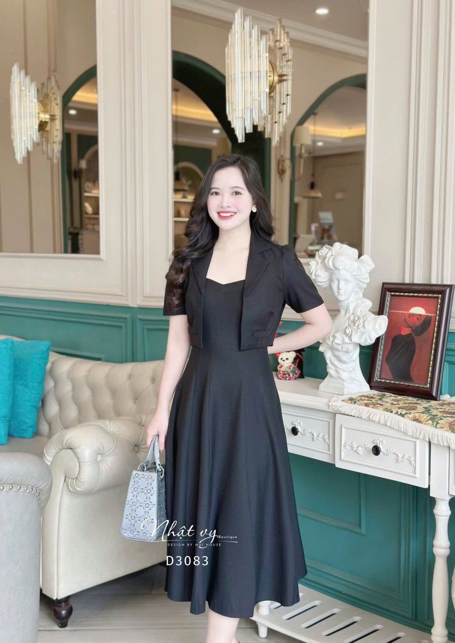  Set đầm 2 dây phối áo khoác cổ vest - D3083 