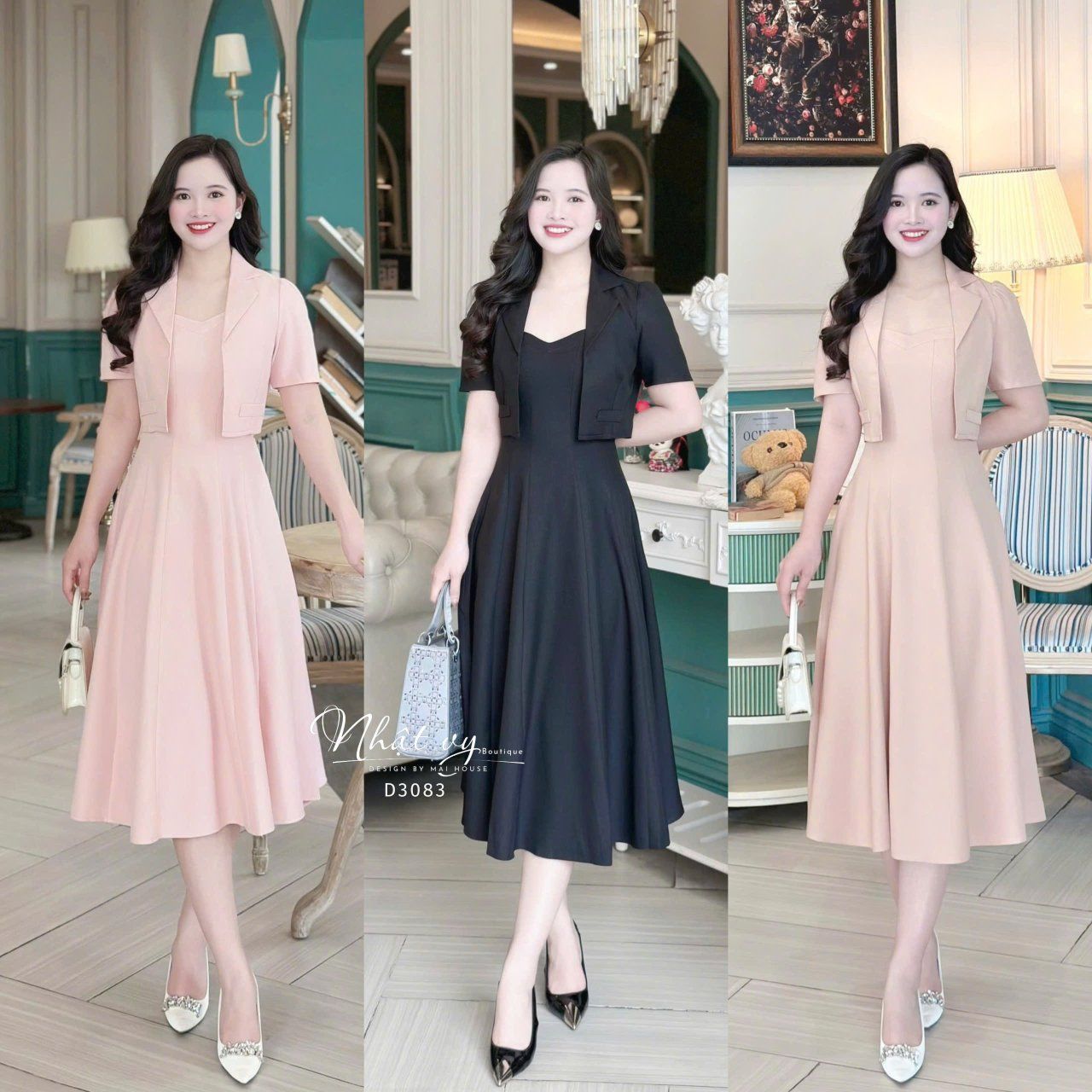  Set đầm 2 dây phối áo khoác cổ vest - D3083 