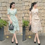  Đầm hoa cổ V nhún eo cách điệu đính hạt ngọc - D3100 