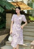  Đầm hoa cổ V nhún eo cách điệu đính hạt ngọc - D3100 