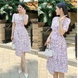  Đầm hoa cổ V nhún eo cách điệu đính hạt ngọc - D3100 