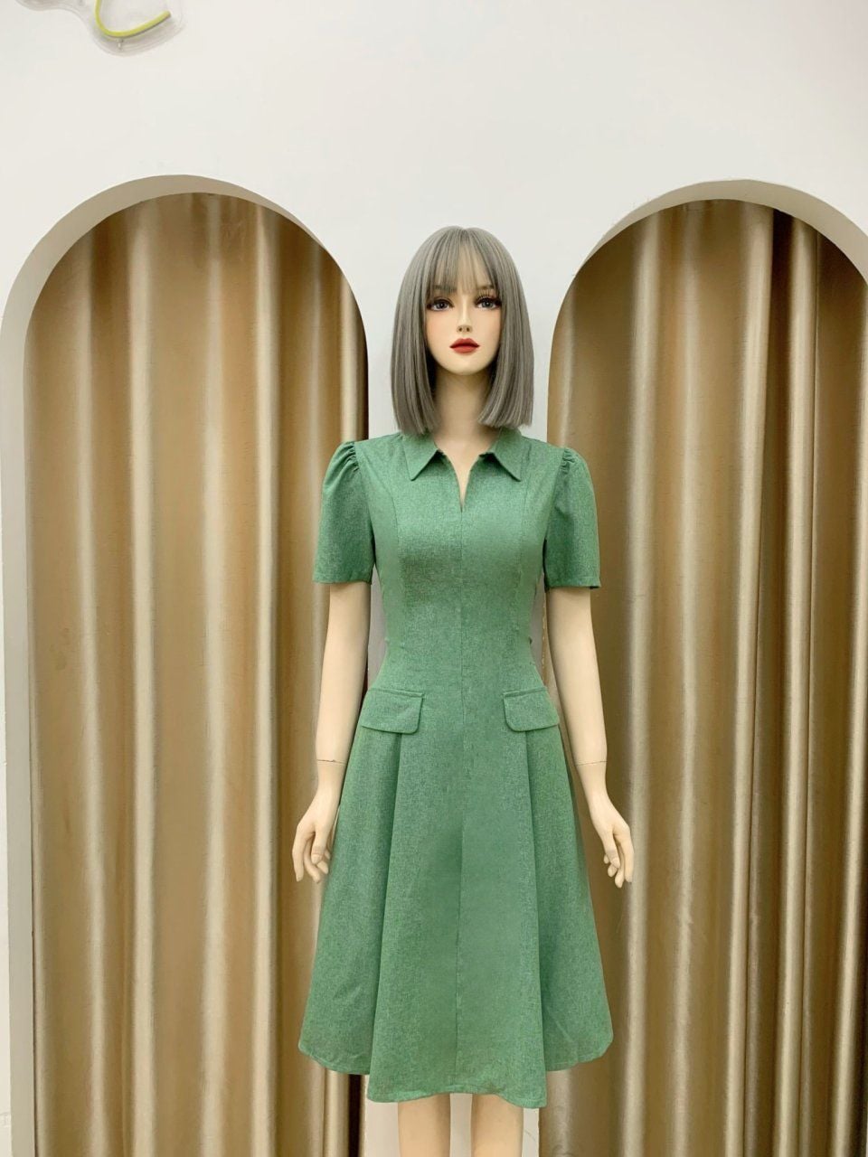  Đầm cổ sơ mi form dáng xoè đắp túi giả - D3116 